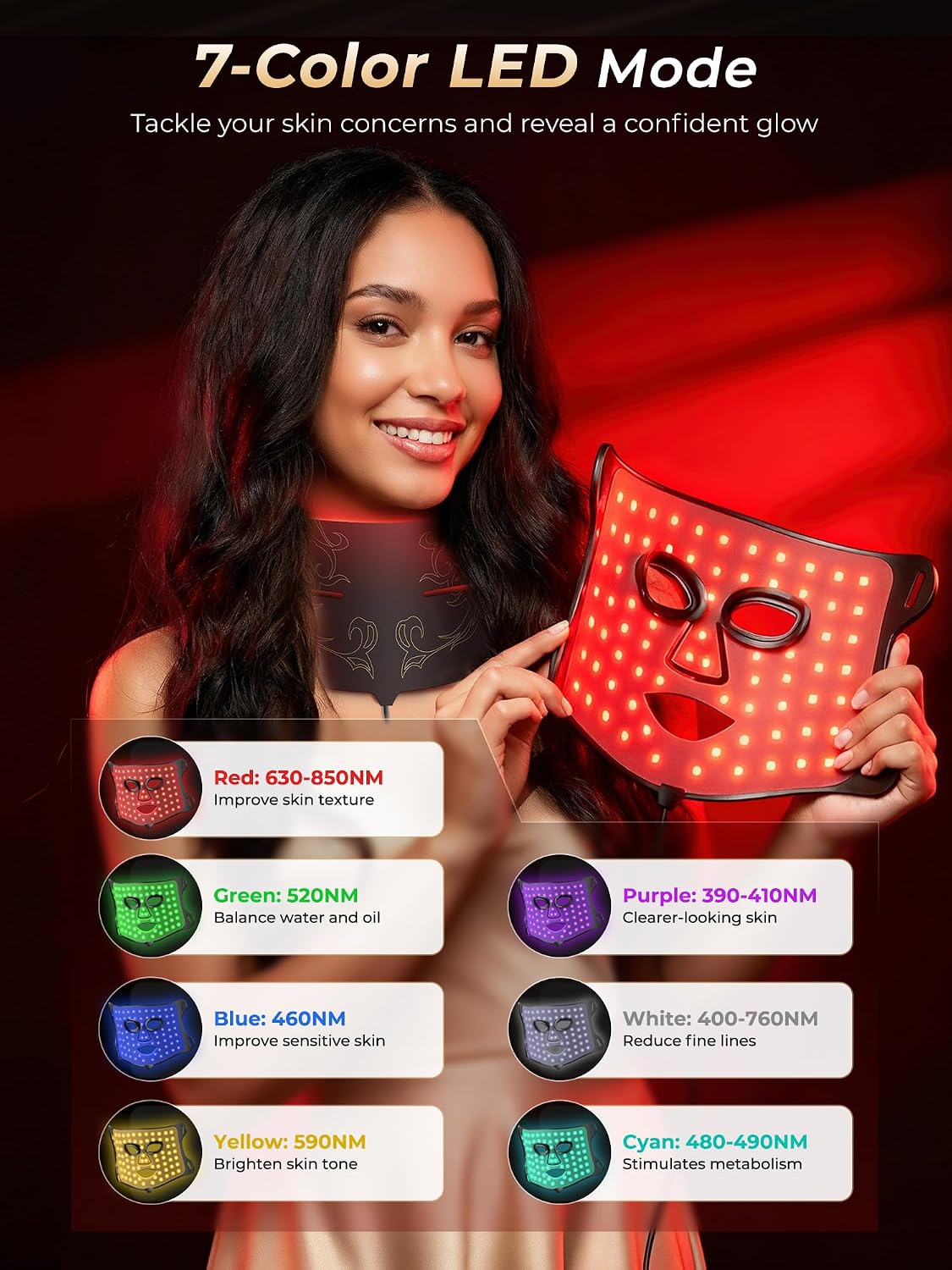 Thumbnail 2 de 7-in-1 Red Light Therapy Mask for Face & Neck (324 LEDs) with Skin-Friendly Silicone