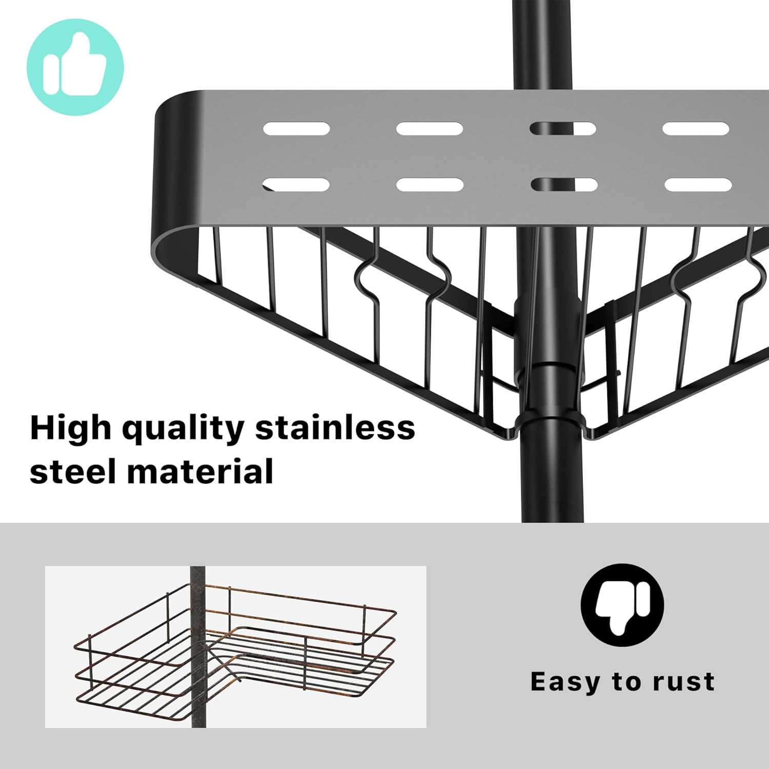 Thumbnail 4 de Kegii Telescopic Shower Caddy Corner black corner shower shelf with hooks