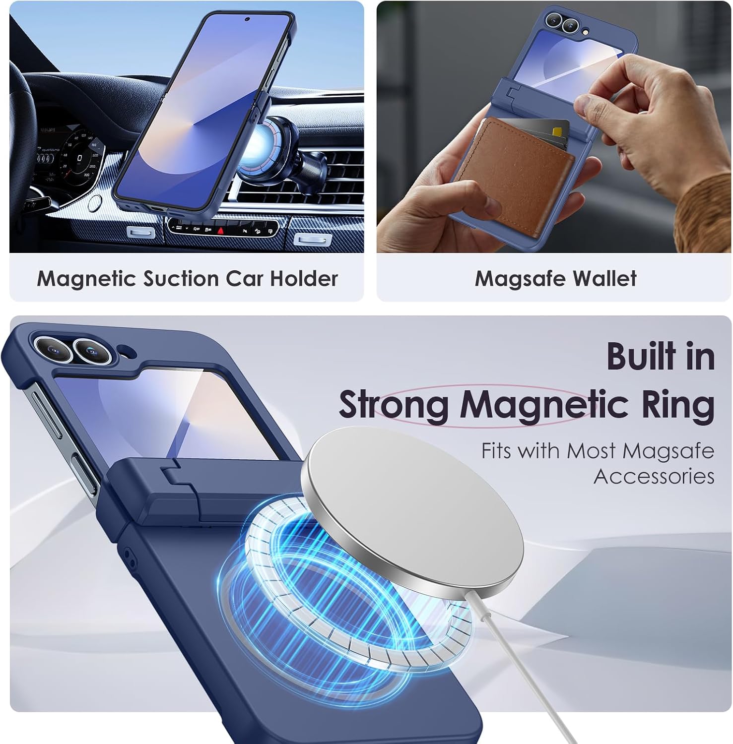 Detalle de Hweggo Case for Galaxy Z Flip 6 / 7FE: Magnetic Charging, Hinge Protection and Built-in Screen Protector (Blue)