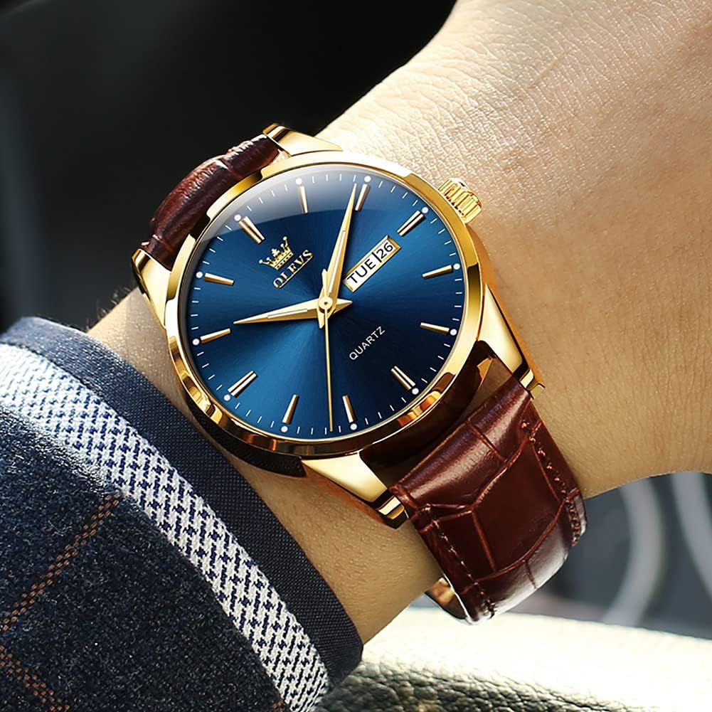 Detalle 2 de OLEVS Herrenuhr mit braunem/ schwarzem Lederarmband – Quarz, Datum & Wochentag, Leuchtzeiger, 30 m wasserdicht