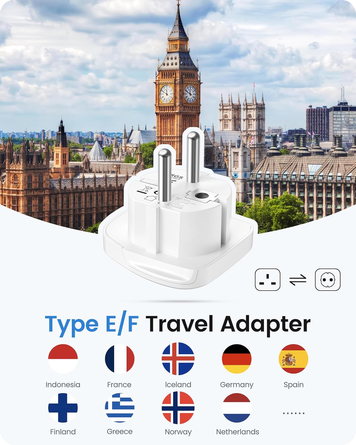 Thumbnail 1 de LENCENT 2X UK to EU Euro Plug Adapter (Type E/F, grounded) for travel