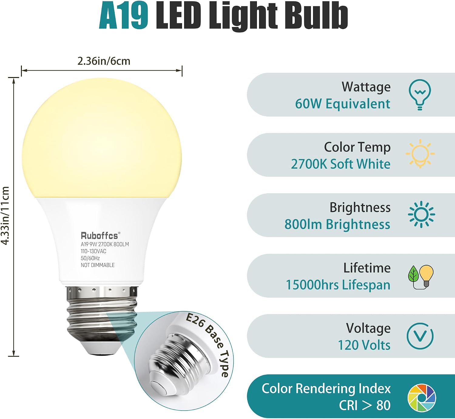 Detalle de Ruboffcs R-A19-9W A19 LED Bulbs, 24-Pack, 2700K Soft White, 800 Lumens