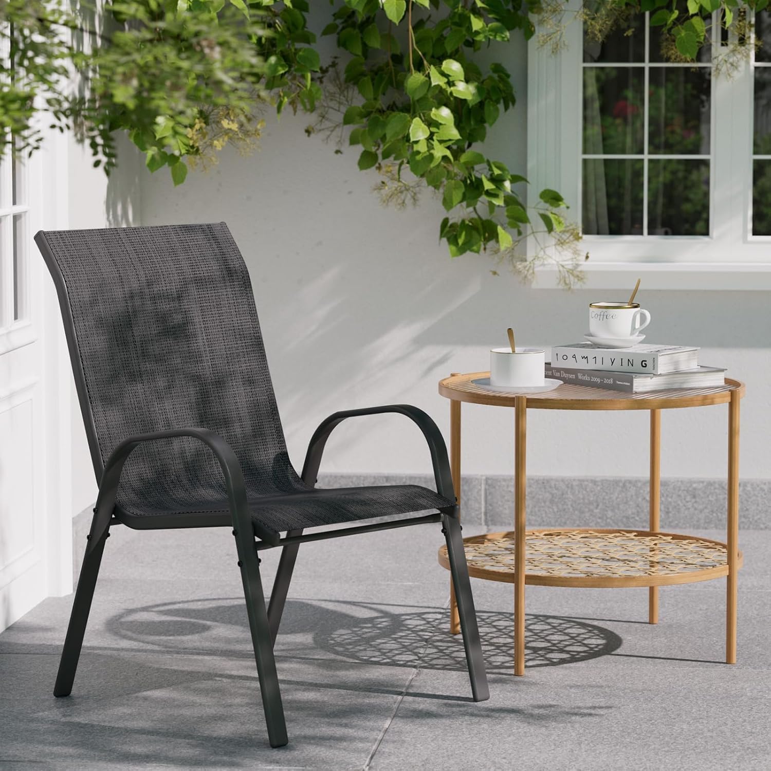 Detalle de UDPATIO Set di 6 Sedie da Giardino Impilabili Nero – Textilene, Schienale Alto e Braccioli (62 x 67 x 96 cm)