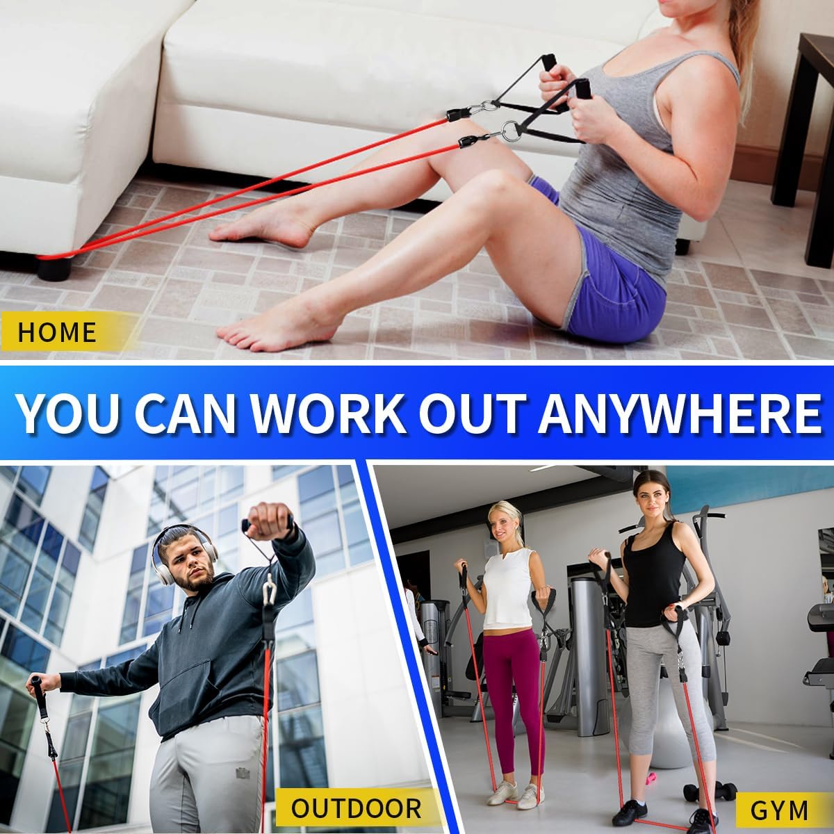 Detalle de WHATAFIT Resistance Bands with Handles — 100 lb Full-Body Home Gym Set