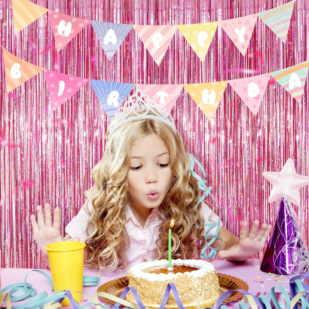 Detalle de PVEGOS 4pc Laser Pink Glitter Tinsel Curtain Backdrop – 3.3 x 8.3 ft