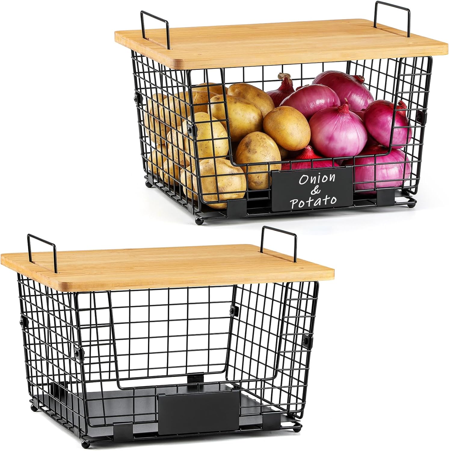 Detalle de XXL Stackable Wire Basket with Bamboo Top 14.6