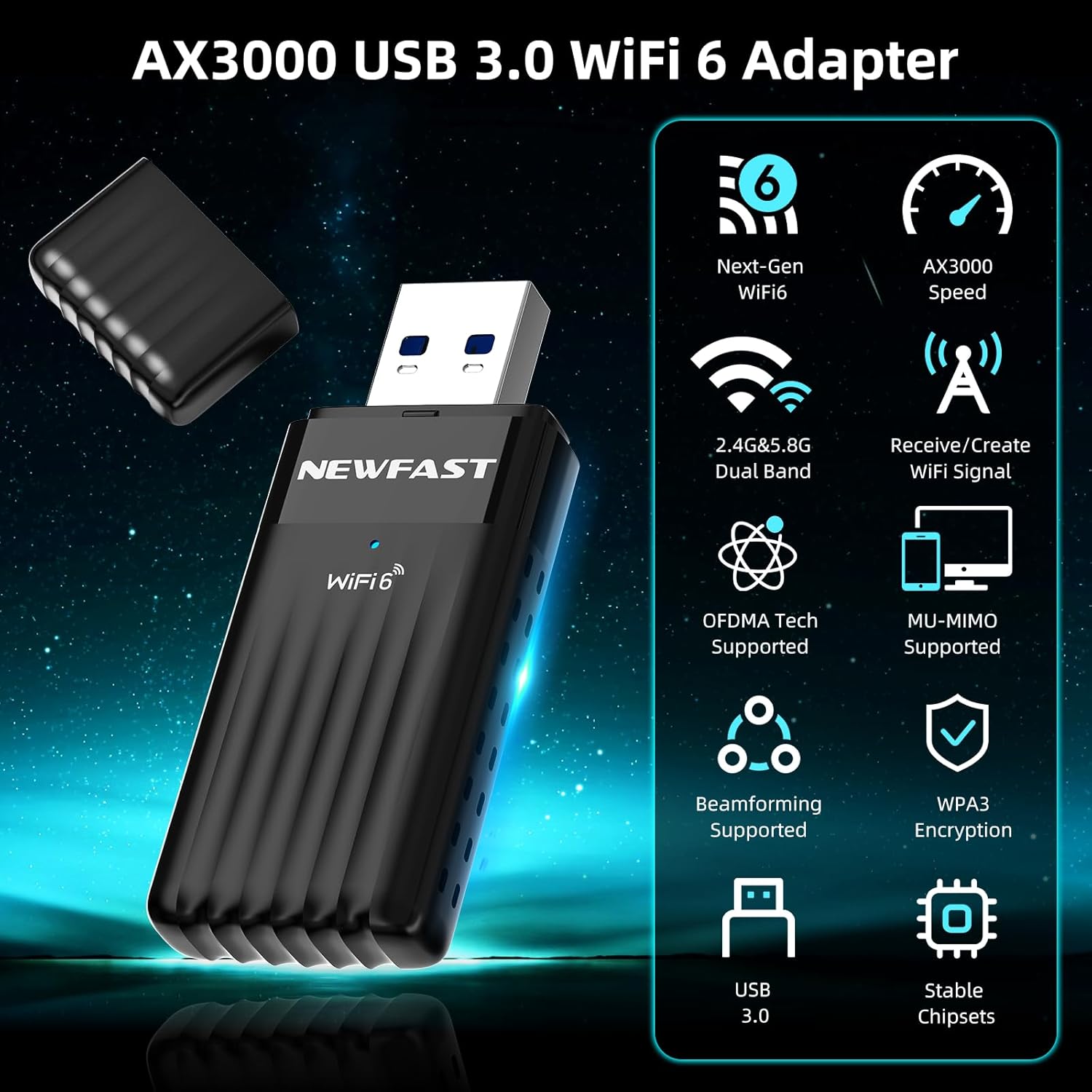 Thumbnail 2 de NEWFAST WiFi 6 AX3000 USB Dongle (Dual Band) – USB 3.0 Wireless Adapter for Windows 10/11