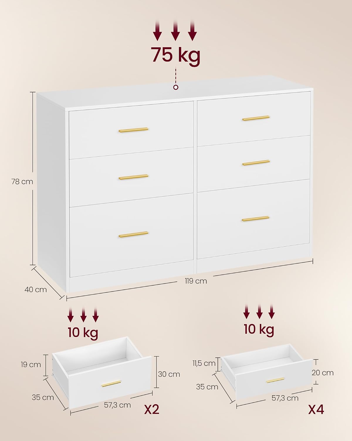Detalle de VASAGLE LTS416WB01 Custos 6-Drawer Chest, Cloud White, 40 x 119 x 78 cm
