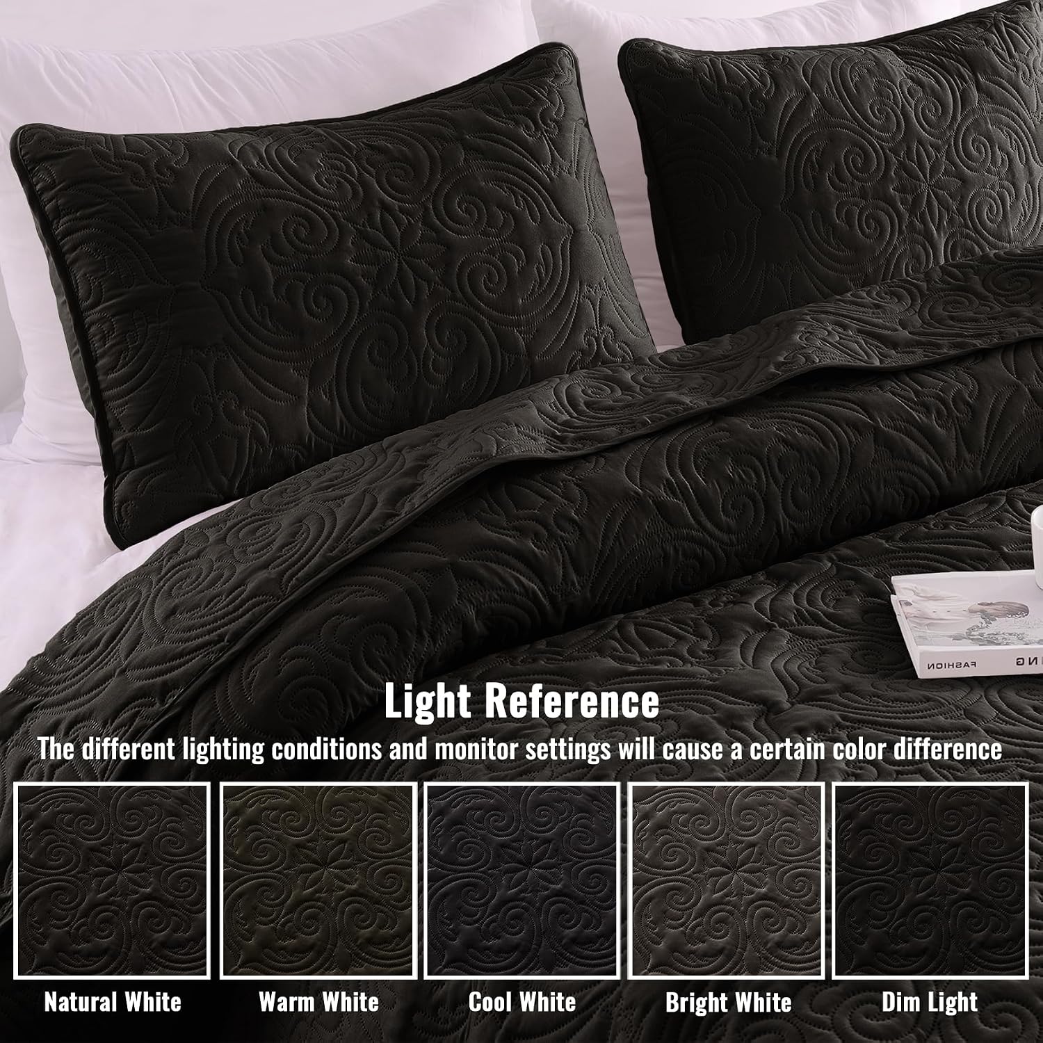 Detalle de Exclusivo Mezcla QS-YP-CBK California King Quilt Set, Black Damask Microfiber