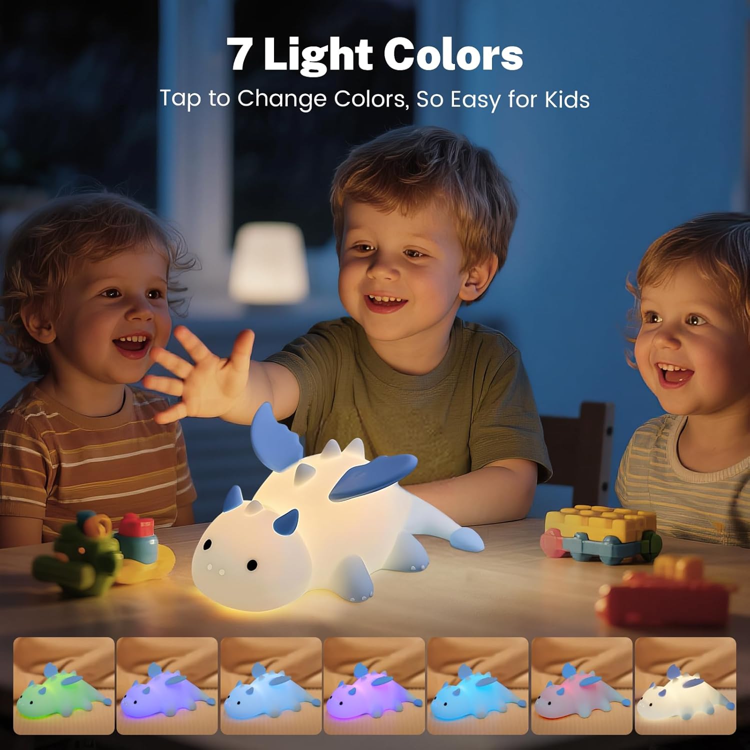 Detalle de AVEKI Night Light for Kids – Cute Milk Dragon Silicone Lamp (Blue) with 7 Colours, Dimmable & Rechargeable