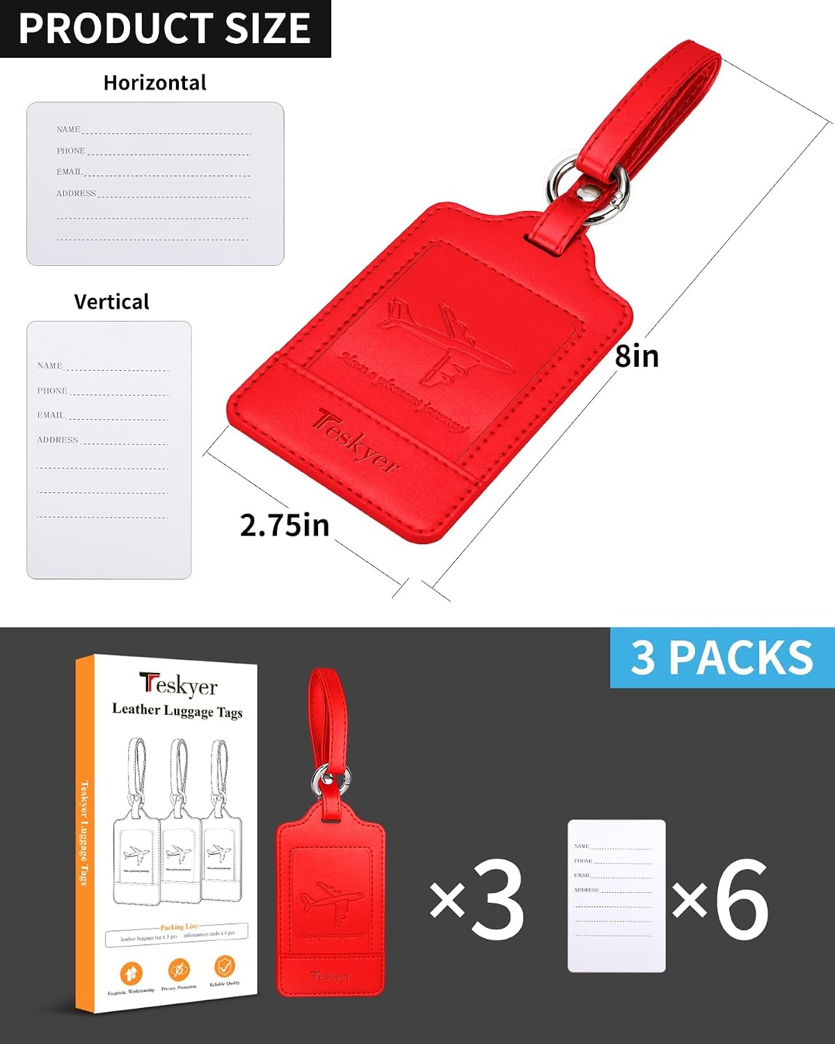 Detalle 2 de Teskyer Kofferanhänger, 3 Stück – langlebig, PU-Leder, Datenschutzfreundlich, Rot