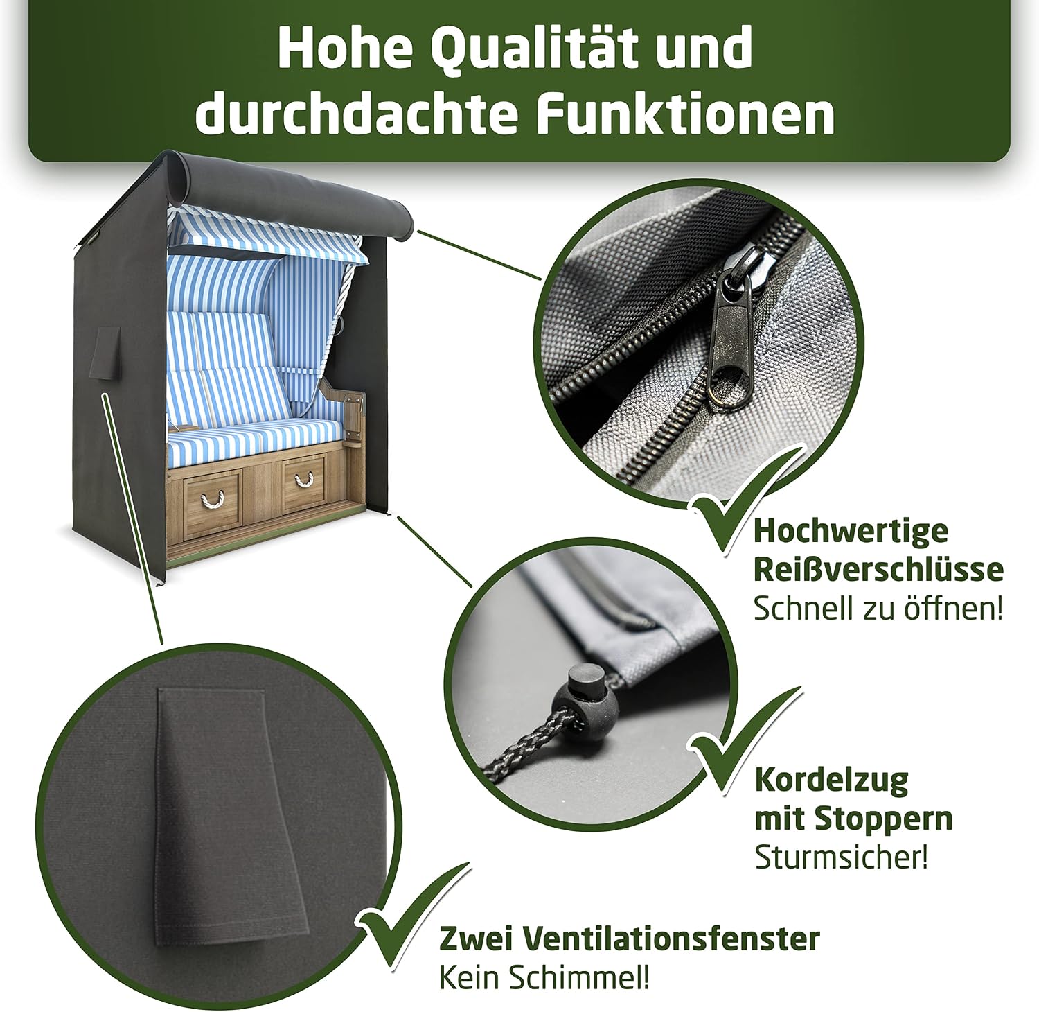 Detalle 2 de WALDNER Strandkorb Schutzhülle Oxford 600D – wasserdicht, winterfest und UV-beständig (120 x 90 x 160 B/T/H) grau