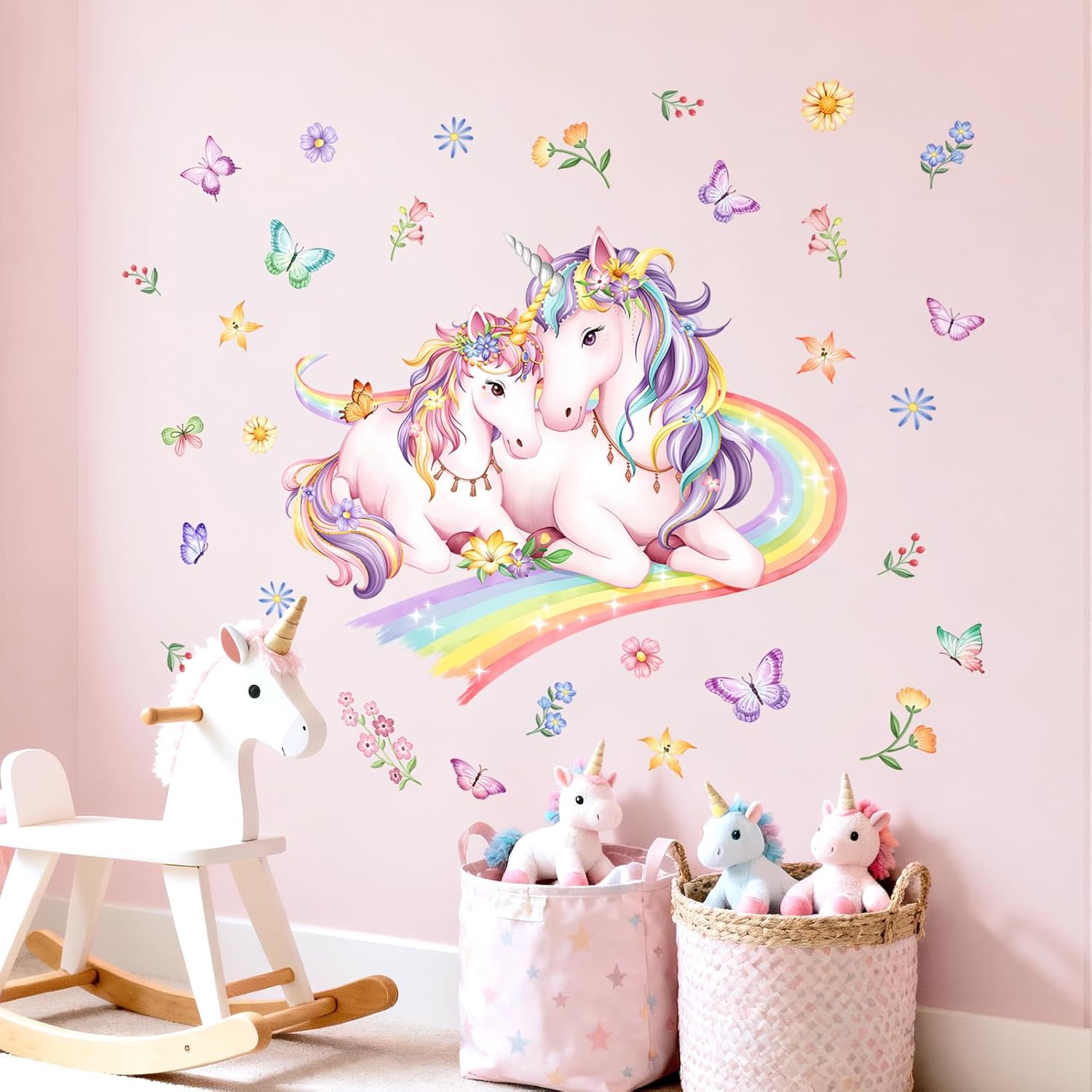 Detalle de Tanlaby Einhorn Wandtattoo Regenbogen Groß – Rosa Pony & Blumen Sprites als Wandaufkleber