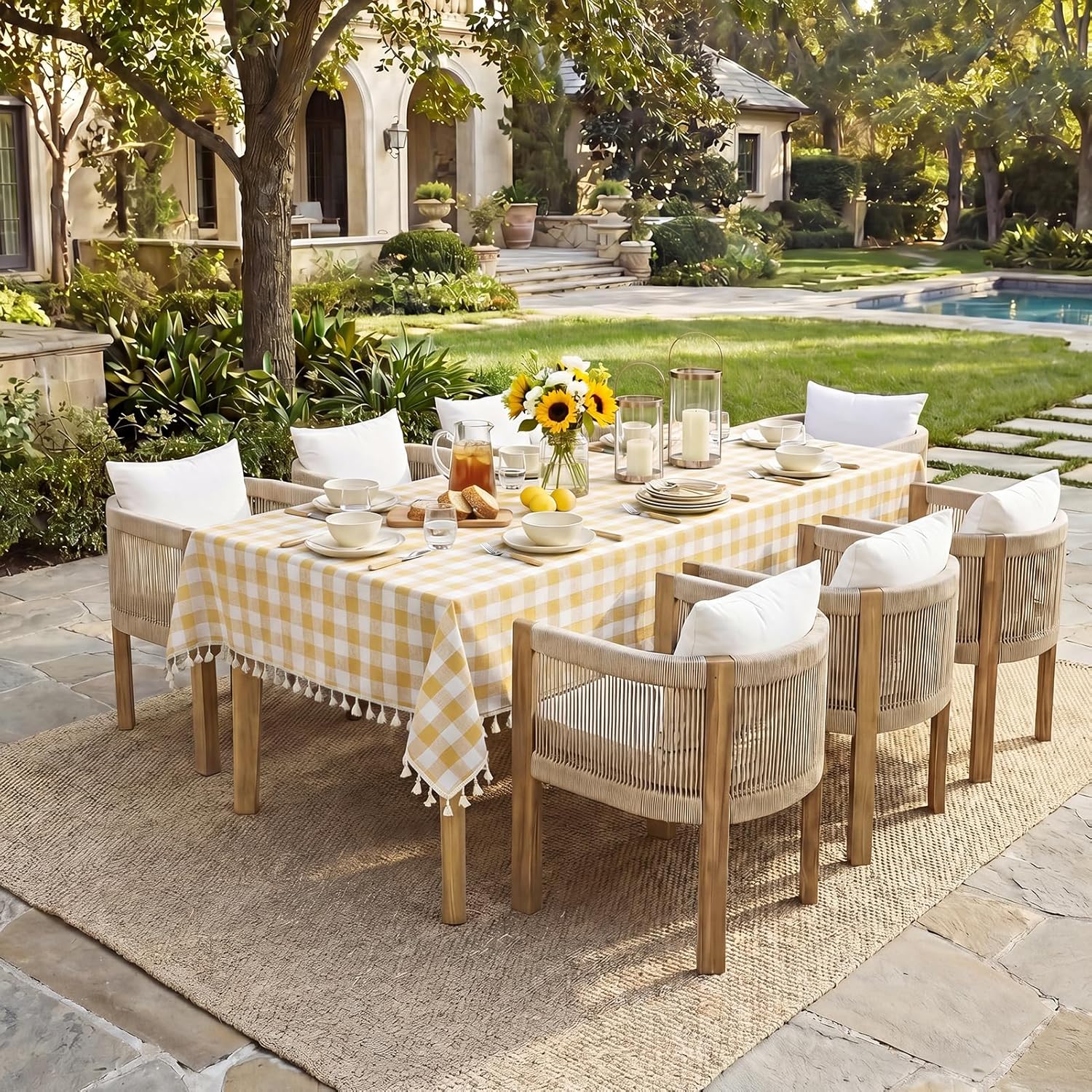 Thumbnail 1 de Softalker Checkered Tablecloth Square, 55 x 55 Inch, Yellow Buffalo Plaid Outdoor Linen-Cotton with Tassels