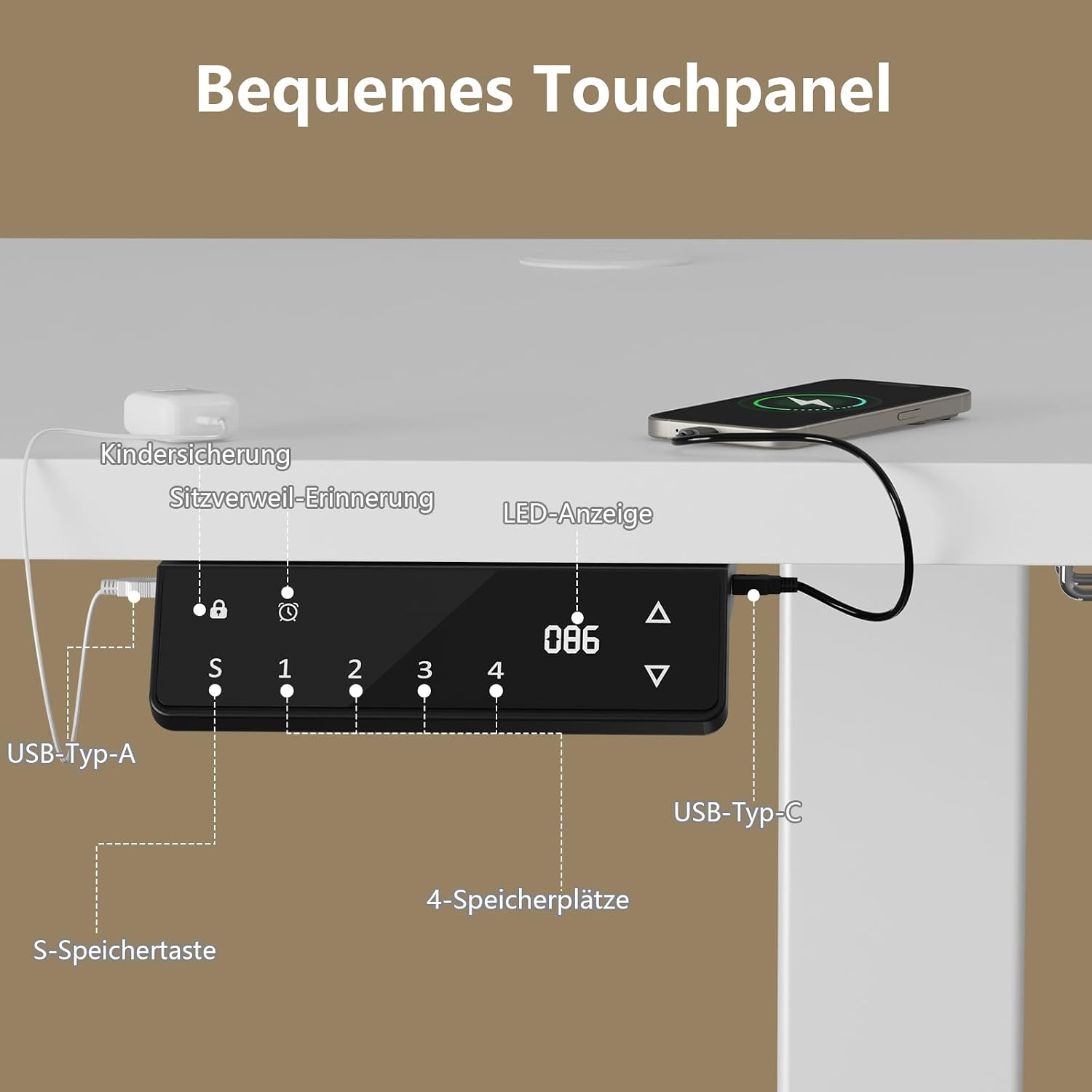 Thumbnail 2 de TRIUMPHKEY Höhenverstellbarer Schreibtisch 180x80 cm – Dualmotor, Touchpanel und Kabelmanagement, Weiß