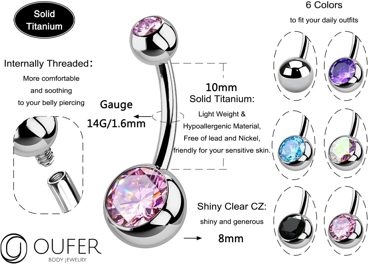 Thumbnail 1 de OUFER Belly Button Bar 10mm Titanium 14G
