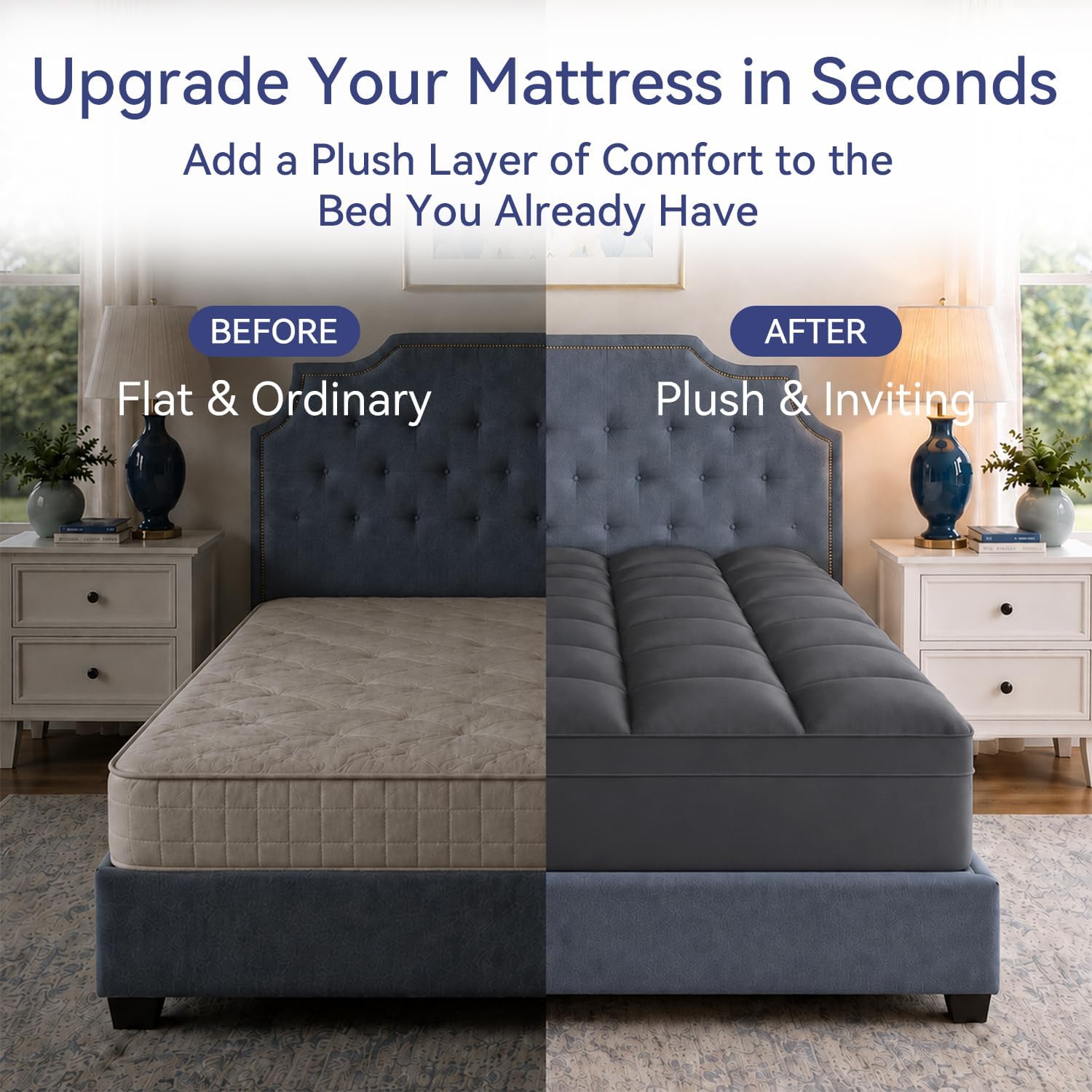 Detalle 2 de ELEMUSE Queen Mattress Topper, Gray Pillow Top, Breathable Microfiber, Deep Pocket