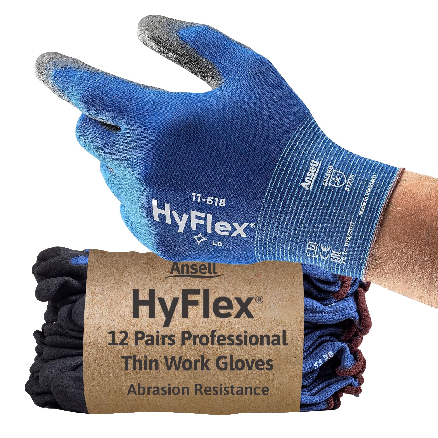 Detalle de Ansell HyFlex 11-618 Mechanics Gloves (L, 12 Pairs) – Abrasion-Resistant PU Coated, Touchscreen Compatible