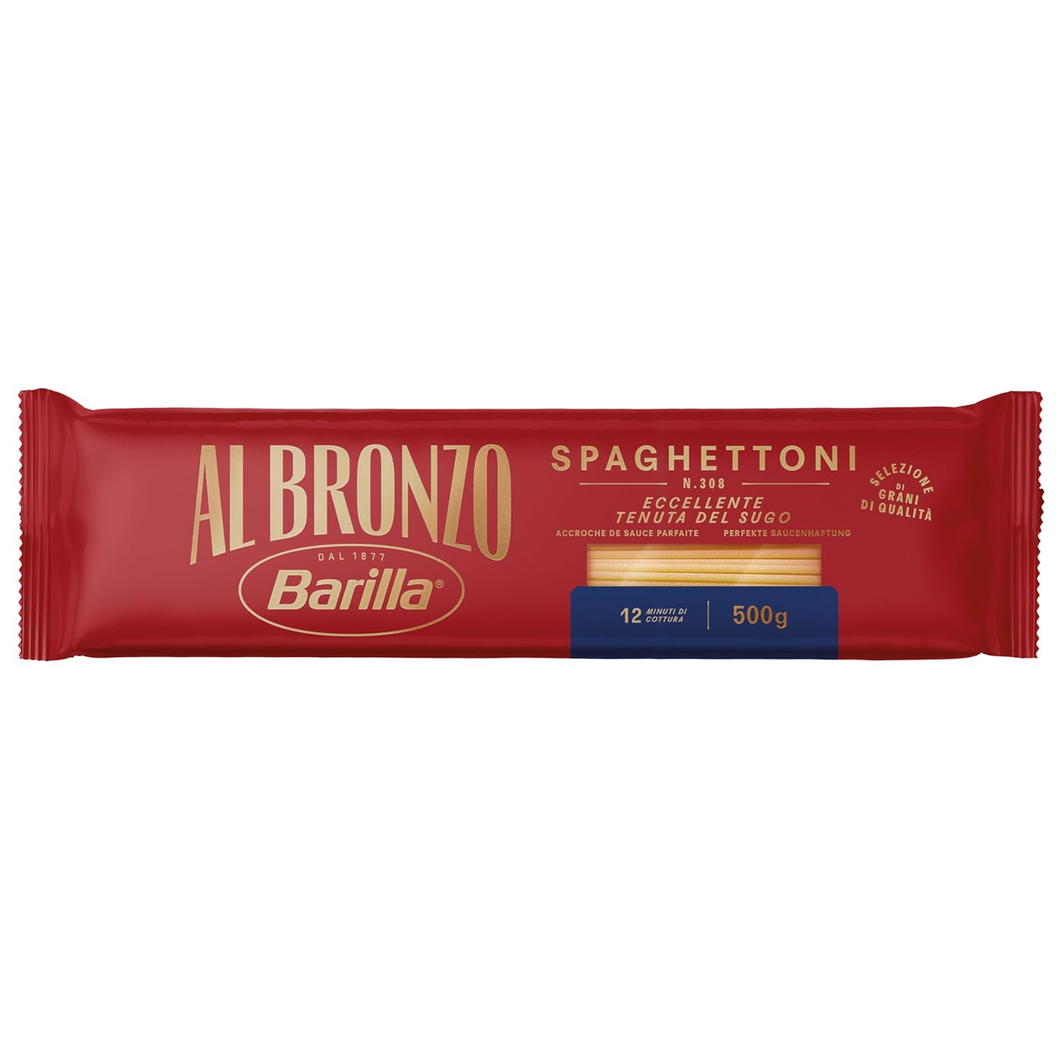 Detalle de Barilla Al Bronzo Spaghettoni 500 g (4er Pack) – Nudel mit rauer Oberfläche für optimale Saucenhaftung