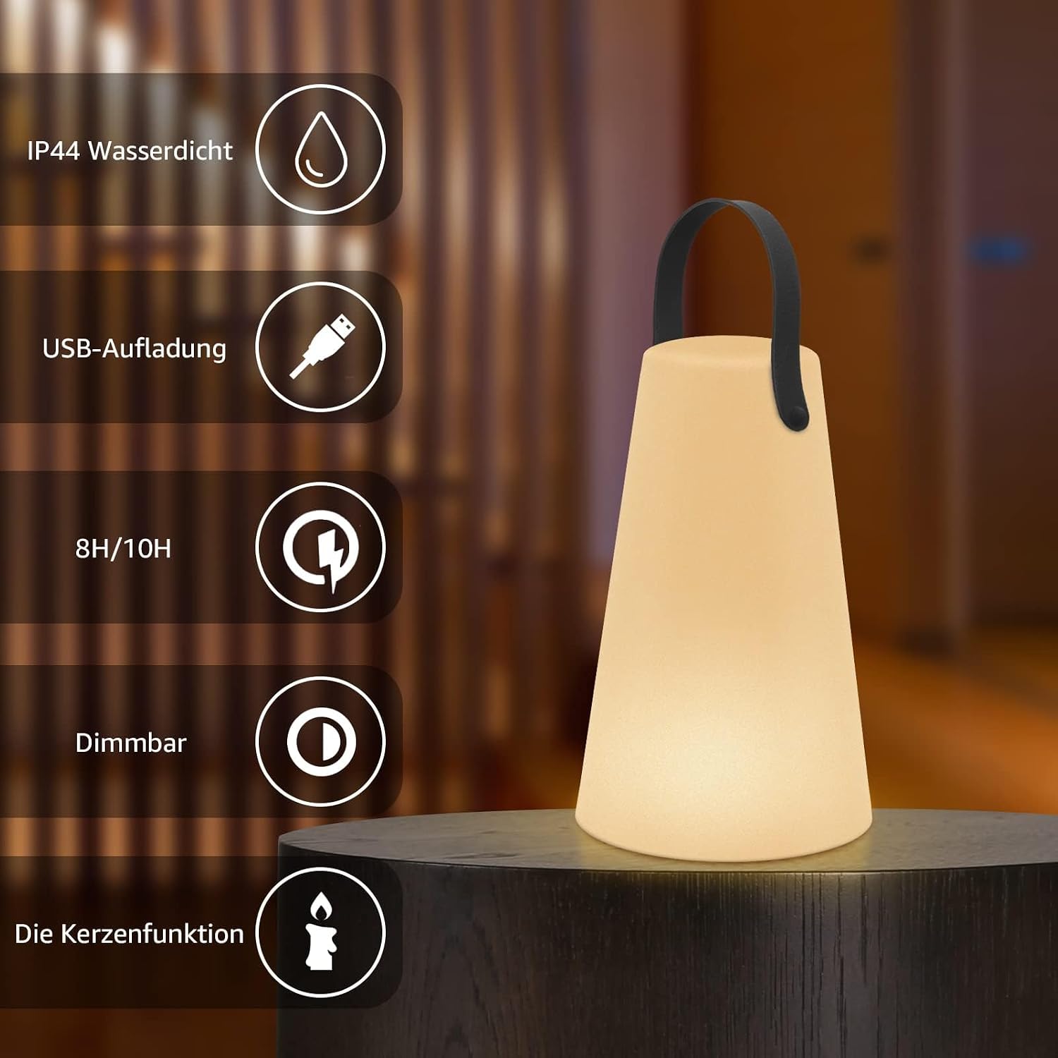 Detalle de GGII LED Akku Tischlampe Outdoor – kabellos, dimmbar, 8 Farben, USB-C aufladbar, IP44