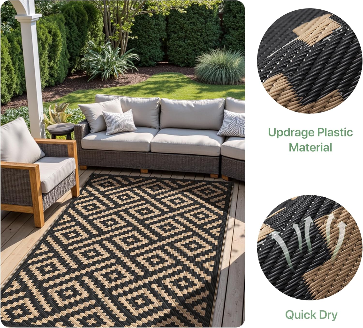 Thumbnail 3 de GENIMO Outdoor Rug Garden Rugs Waterproof Reversible Recycled Outdoor Carpet, 120 x 180cm (Black & Brown)