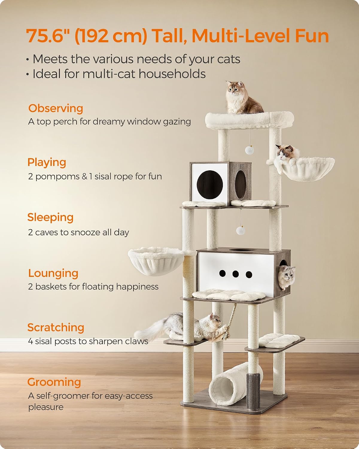 Detalle 2 de Feandrea PCT193G01 XXL Cat Tree with Two Caves, Sisal Posts and Tunnel