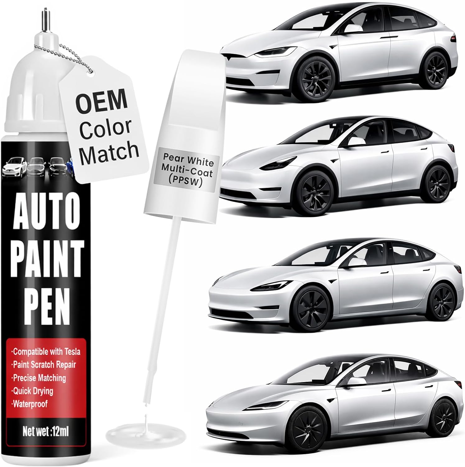 Touch Up Paint for Cars (Pearl White Multi-Coat PPSW) 2-in-1 Scratch Repair Pen for Tesla Model Y/3/X/S, 0.4 fl oz