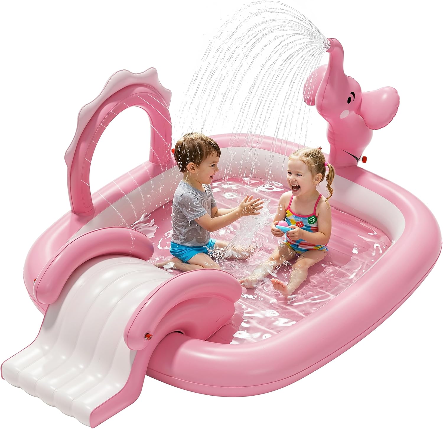 QPAU Elephant Kids Pool with Slide and Sprinkler: 72 x 64 x 37 in Inflatable Play Center