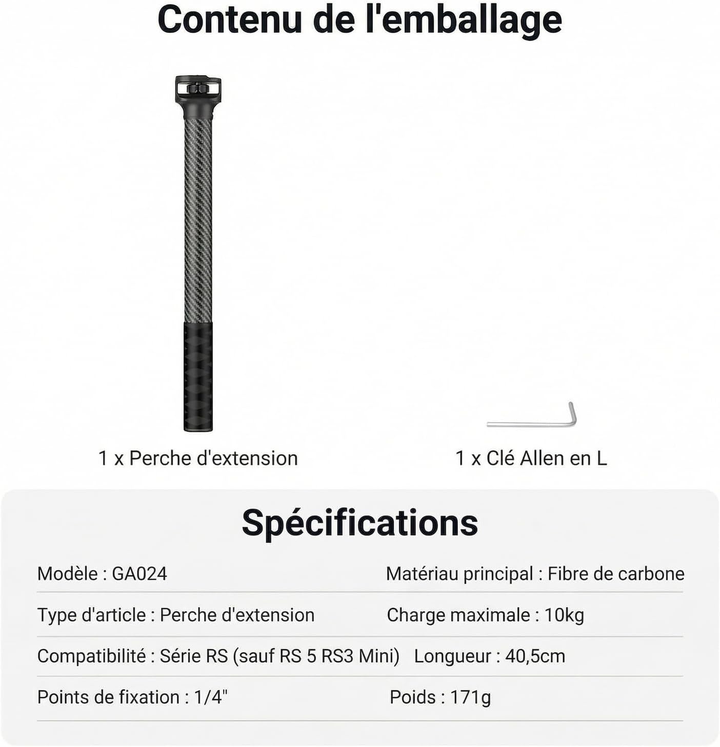 Thumbnail 6 de NEEWER Perche d’extension en fibre de carbone GA024 pour DJI Ronin (vis 1/4", 40 cm)