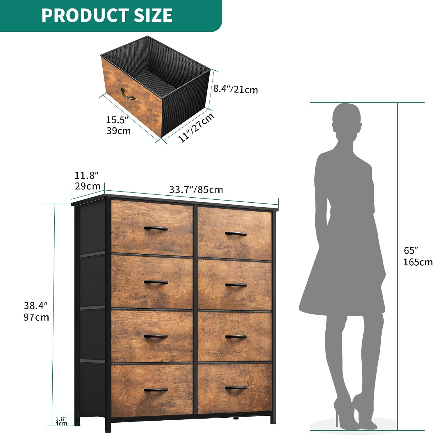 Detalle de YITAHOME Cajonera de Tela con 8 Cajones y Parte Superior en Madera