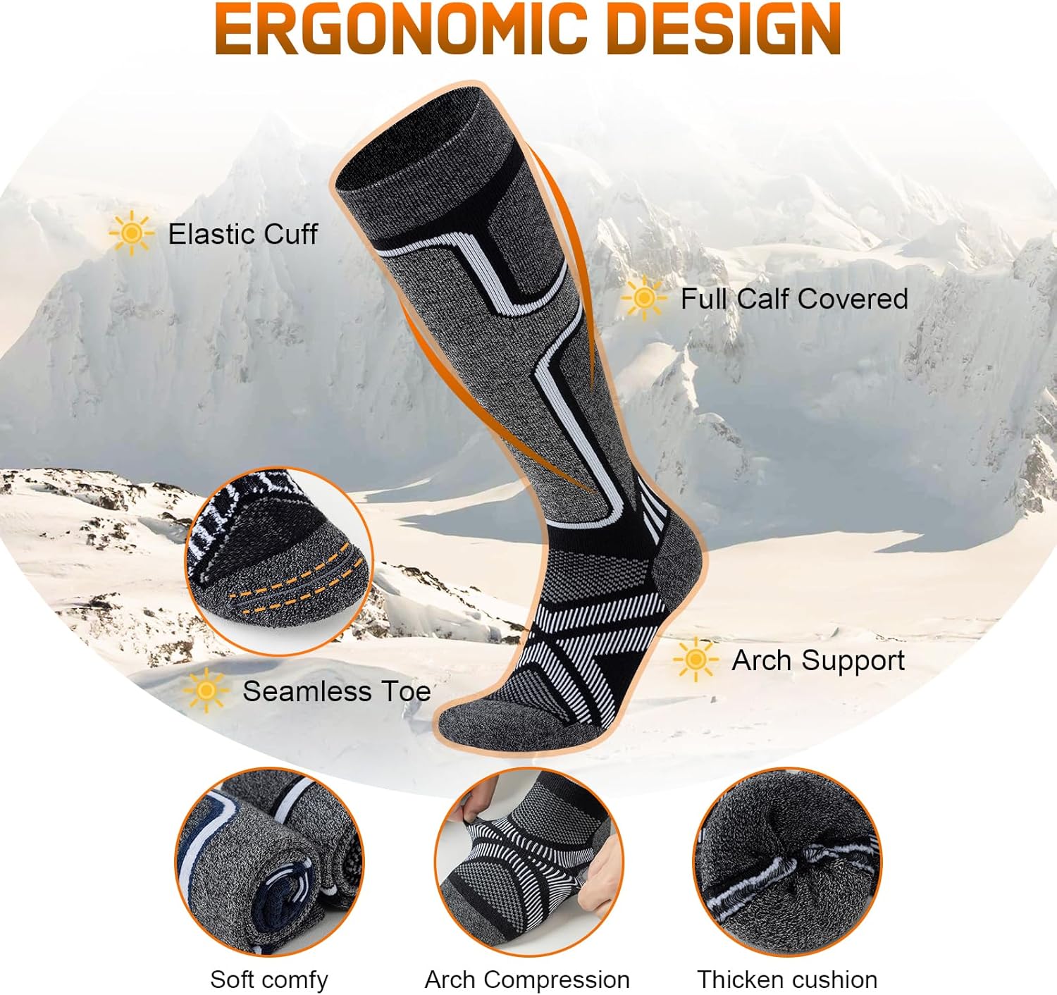 Detalle de Ciorld Merino Wool Ski Socks – 2 Pairs, Warm, Cushioned and Non-Slip for Men (UK)