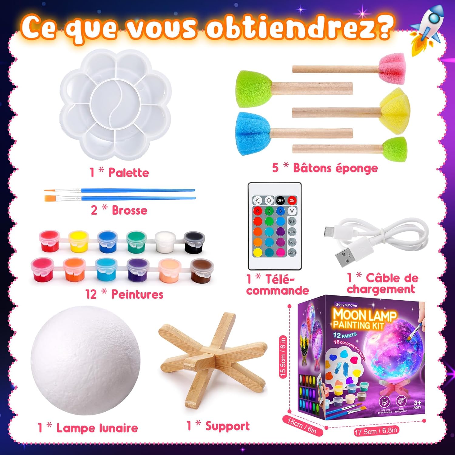Detalle 2 de Toyzey Cadeau Fille 6–12 Ans: Kit lampe lune à peindre, activité créative rechargeable pour enfants