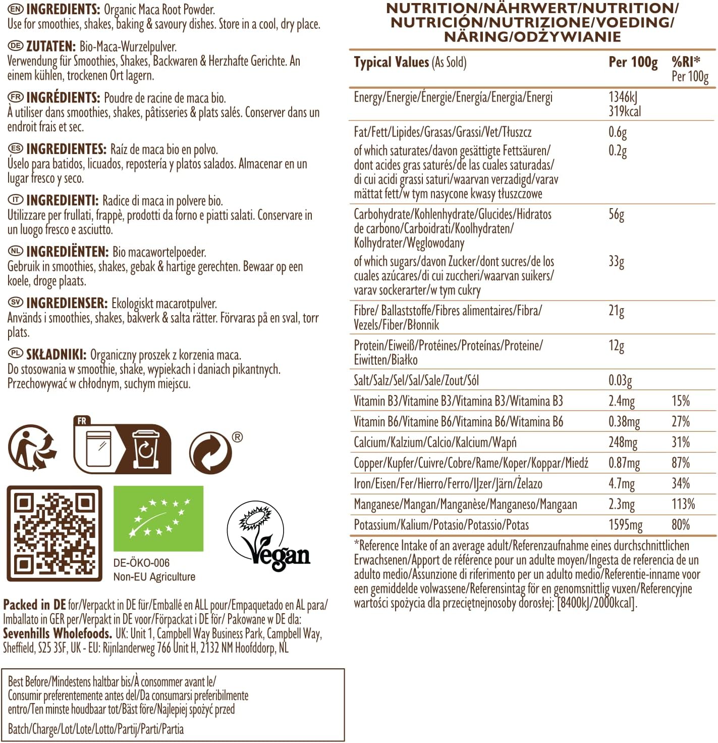 Detalle de Sevenhills Wholefoods Roh Maca Pulver Bio 500 g – Gelb, Rot und Schwarz aus Peru