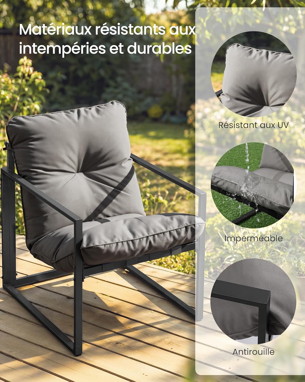 Detalle de Salon de jardin SONGMICS 4 pièces (2 fauteuils, table, banquette) en acier gris avec coussins rembourrés