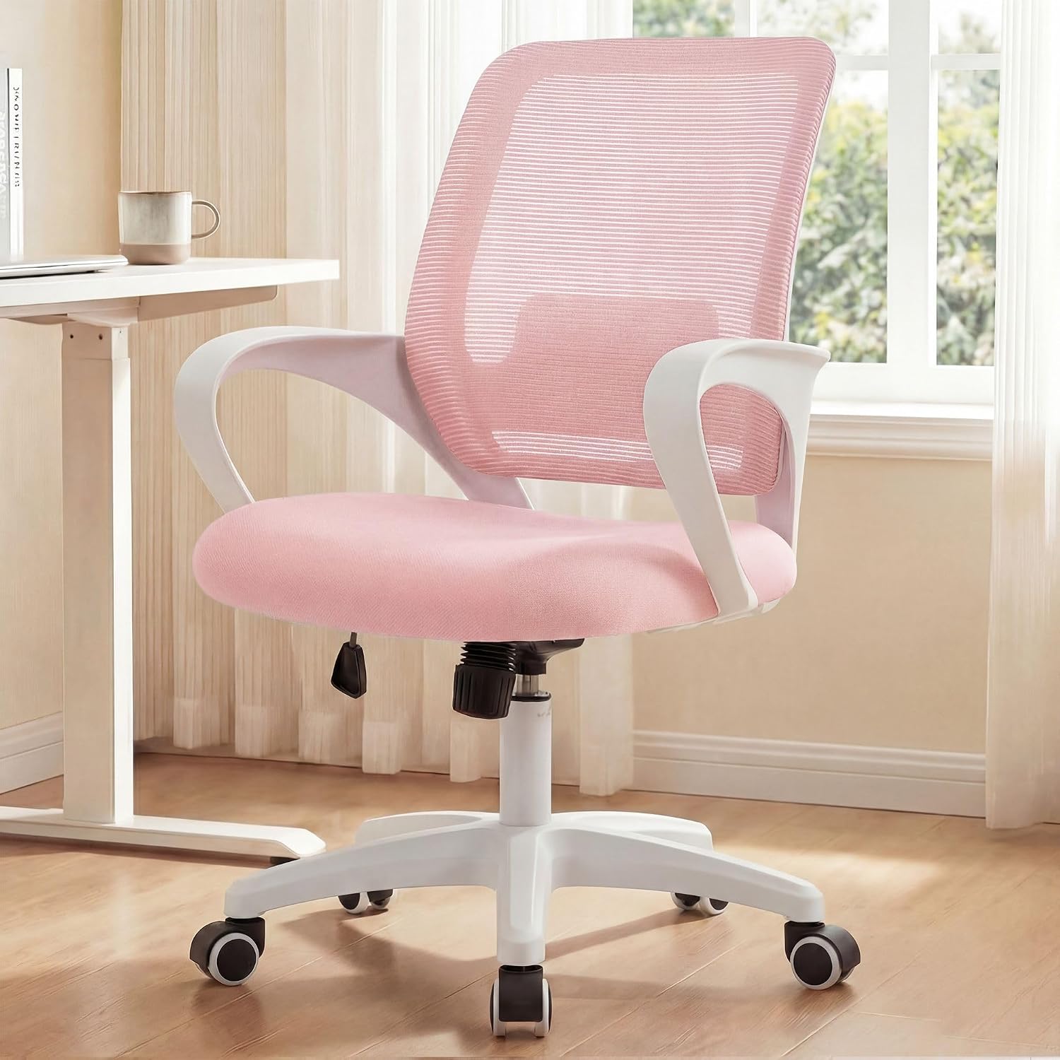 Detalle de NEO CHAIR Desk Chair, Pastel Pink Mesh Back, Adjustable Height, 360° Swivel