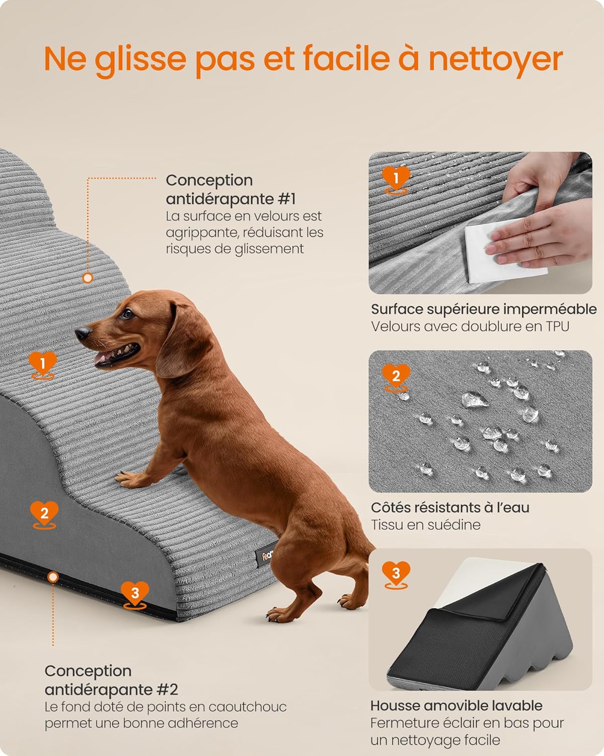 Thumbnail 4 de Feandrea Escalier pour chien à 4 marches, pente douce, housse amovible lavable, imperméable avec grip (gris tourterelle PPS004G01)