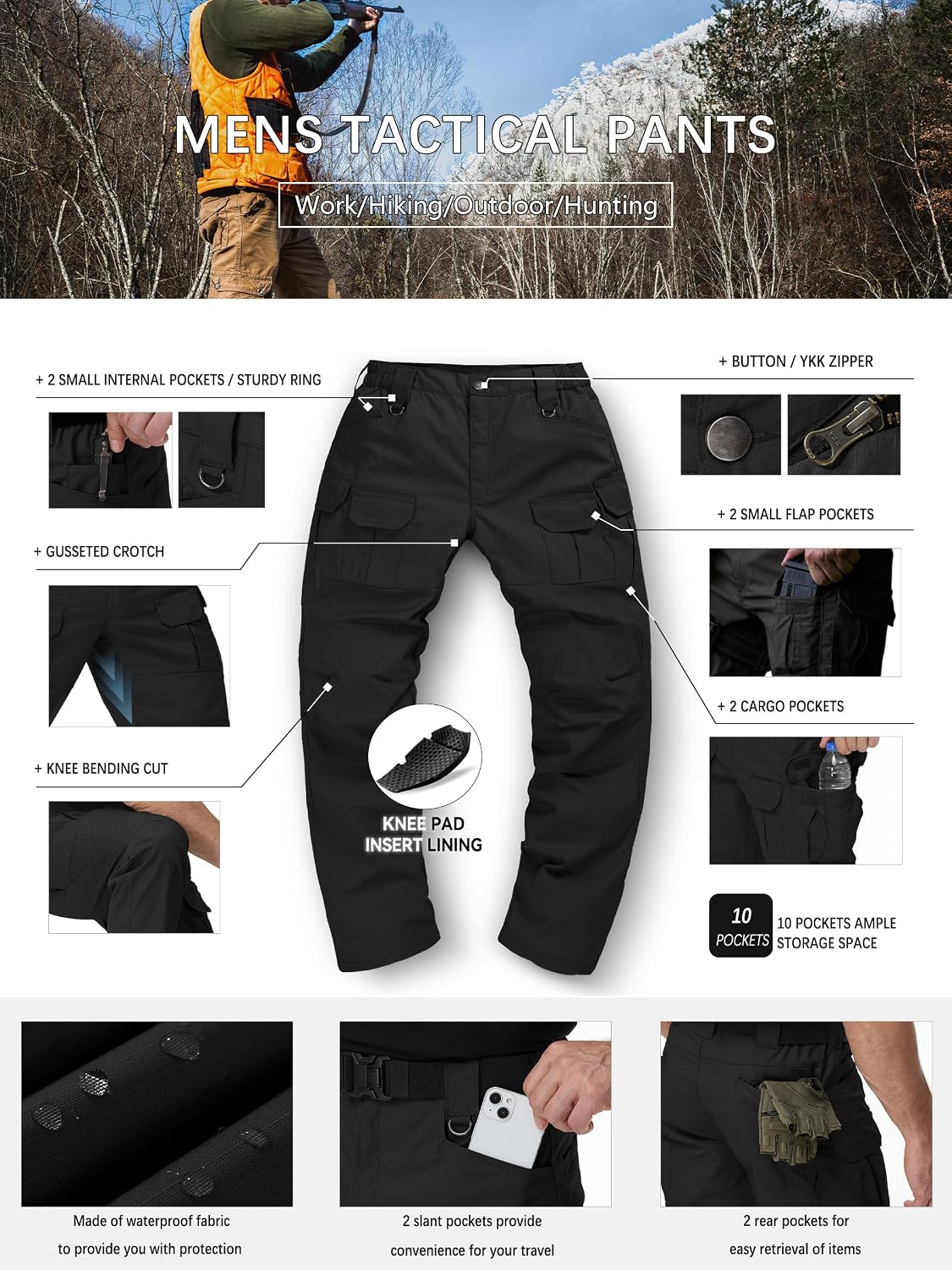 Detalle de ZKRYOVEX Men's Tactical Pants, Stretch Ripstop Cargo with 10 Pockets