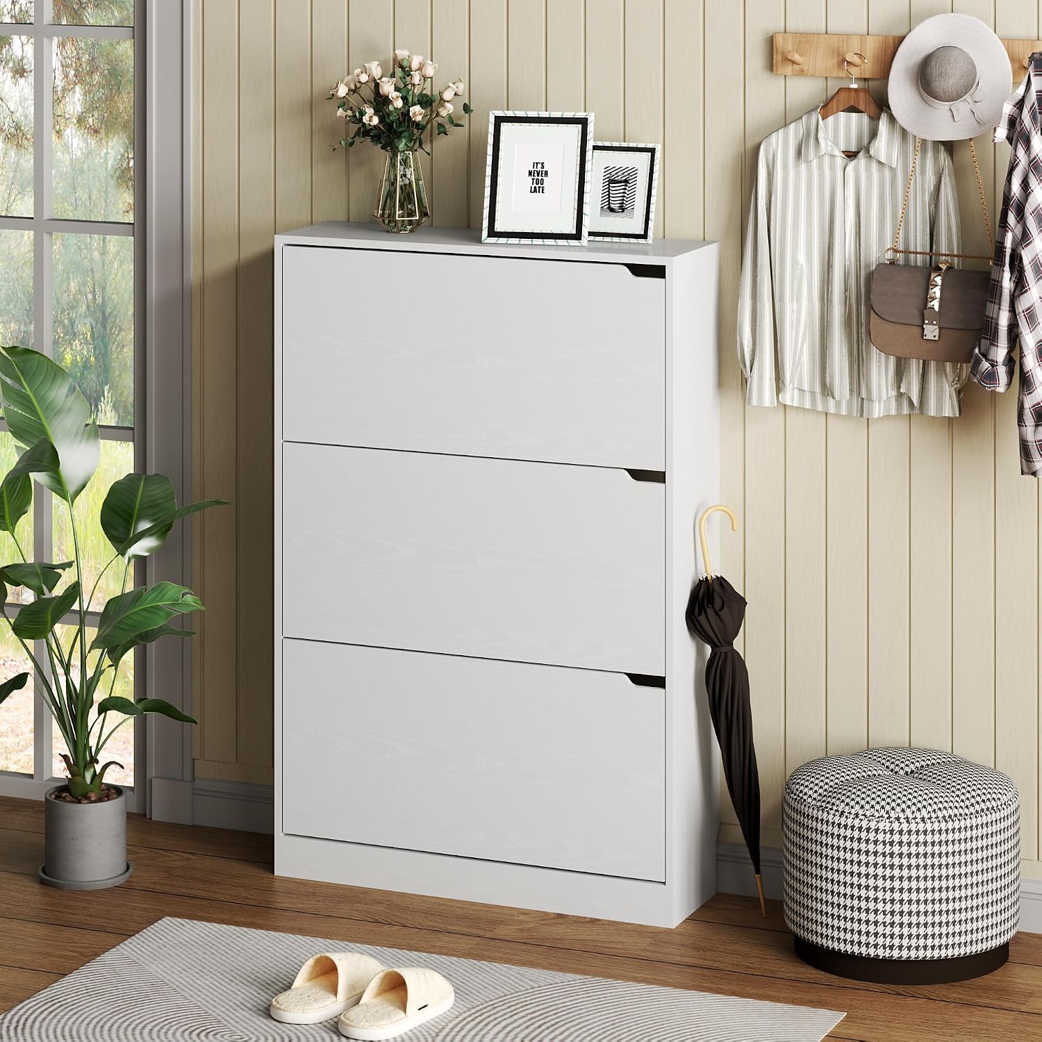 Detalle de BORNOON Sc-80 Shoe Cabinet, 3 Flip Drawers, White, 9.45-Inch Deep