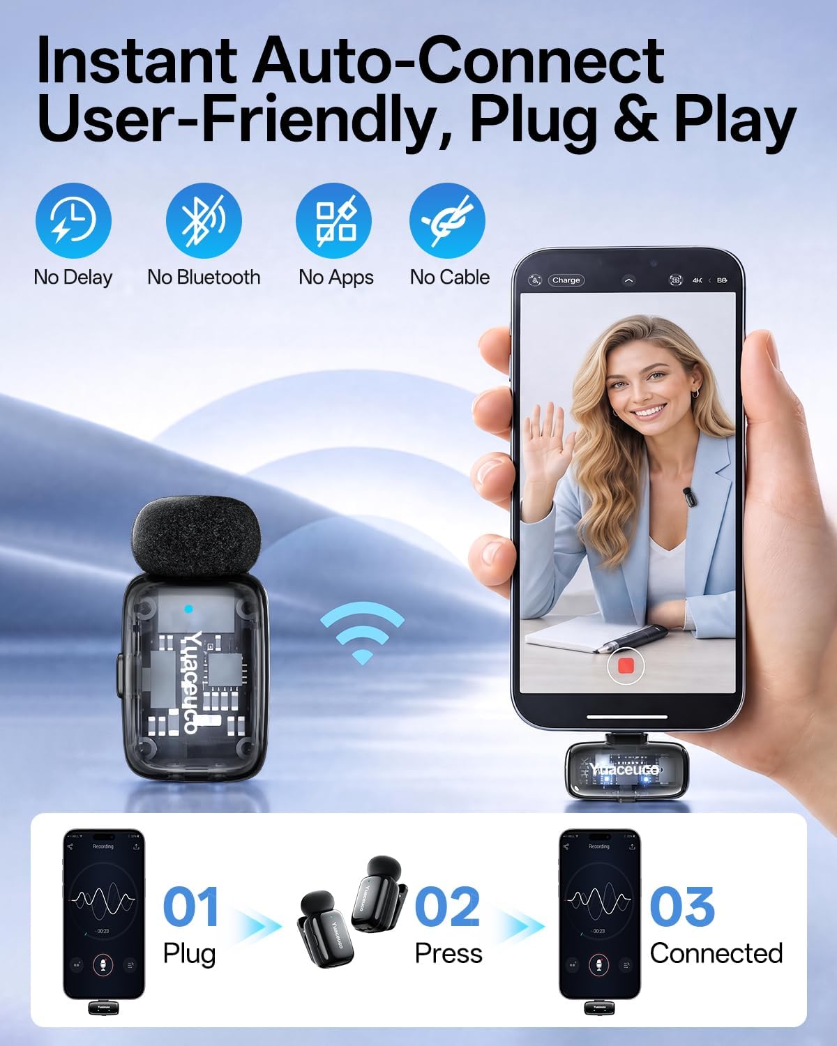 Detalle 1 de Yuaceuco MC228 Wireless Lavalier Microphone, USB-C, 3-Level Noise Cancellation