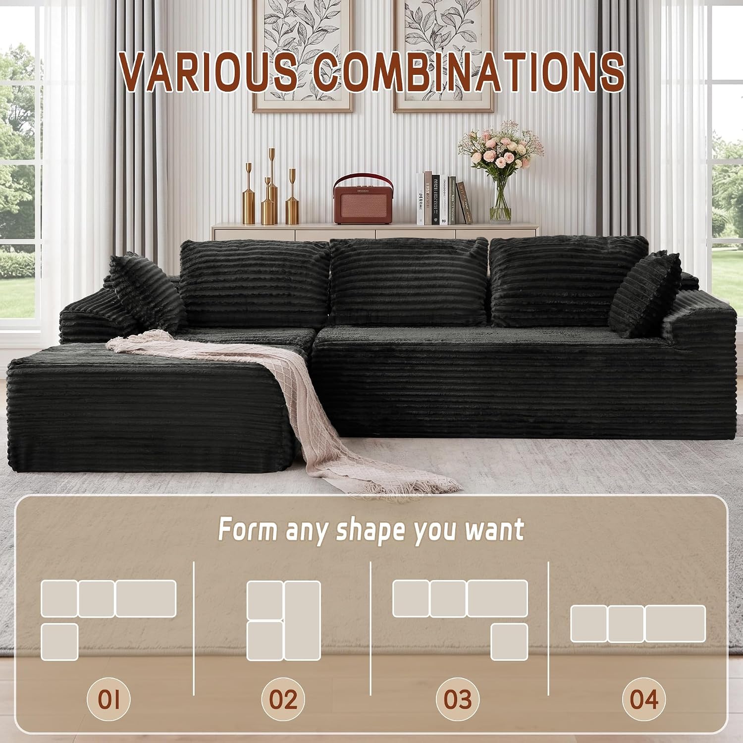 Thumbnail 2 de Korser LSGY-2439BLACK-4 110-Inch Modular Sectional Sofa, Corduroy, Chaise