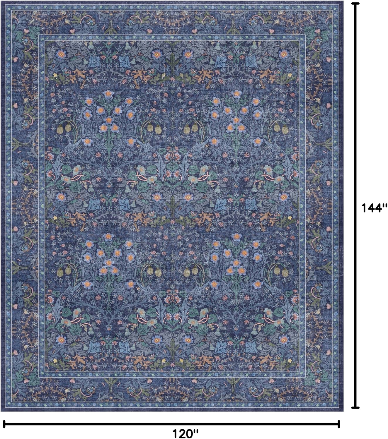 Thumbnail 1 de Washable Dark Blue Rug for Living Room (10x12) with Vintage Floral Design