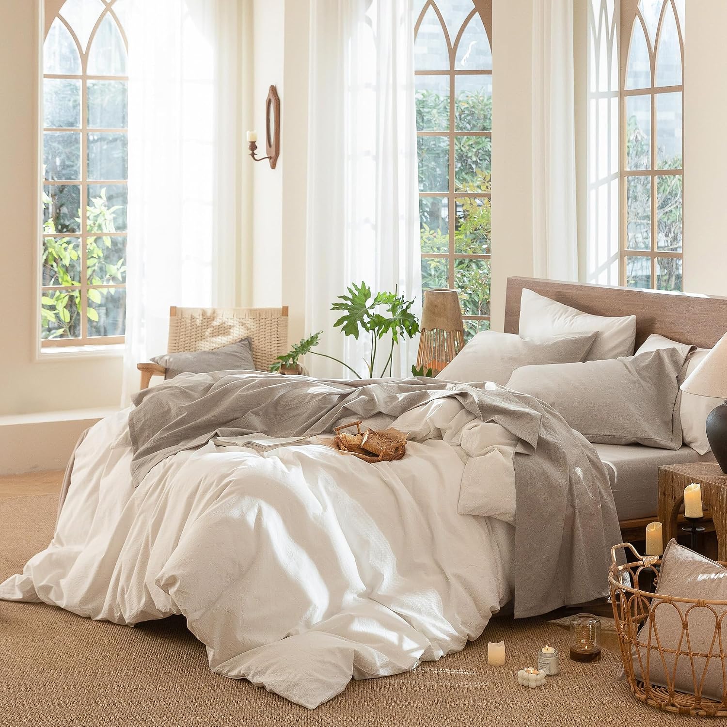 Thumbnail 2 de MooMee Bedding Sheet Set (Washed Cotton, Heathered Tannish Linen Grey, Queen)