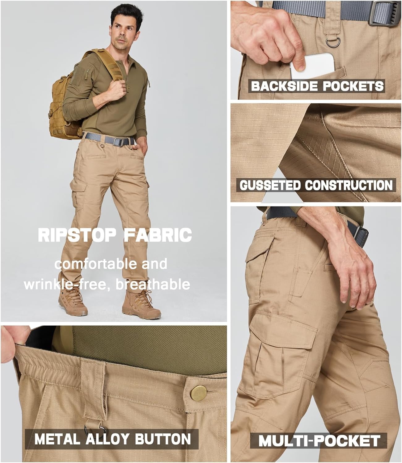 Detalle de SPOSULEI Cargohose Herren – Leichte Outdoor- und Arbeitshose mit Ripstop, 9 Taschen