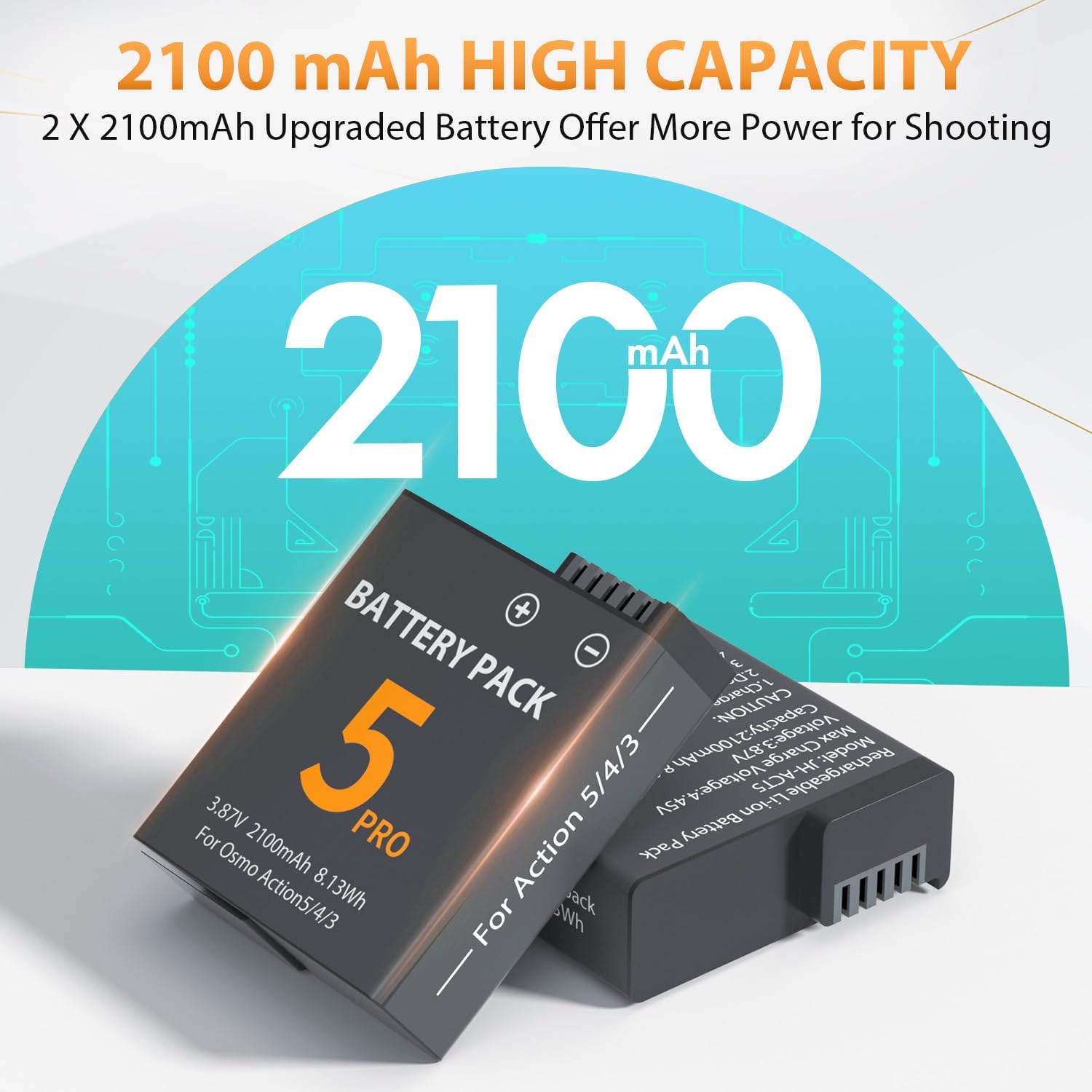 Detalle de LP Osmo Action 5 Pro Battery Charger Pack: 2x 2100mAh Replacements for DJI Osmo Action 3/4/5 Pro