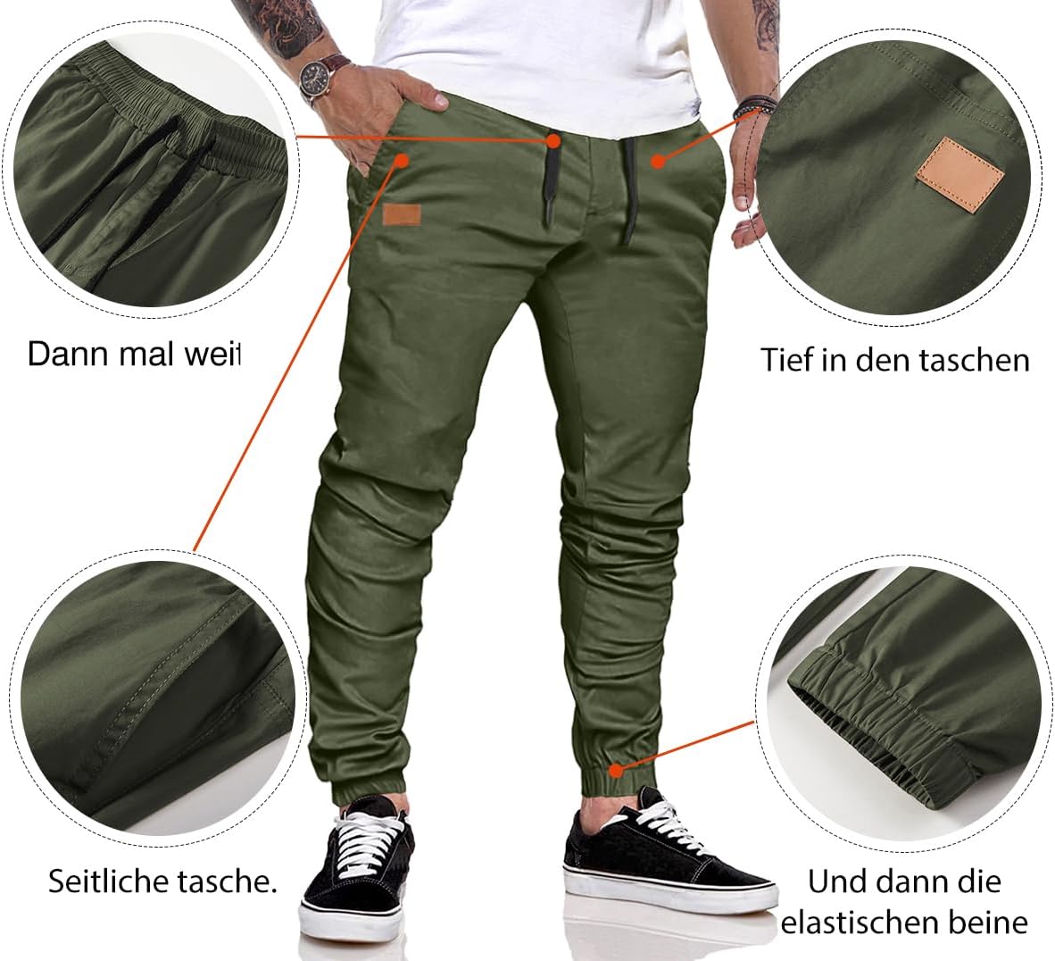 Detalle de JMIERR Herren Chino Cargo Hose aus Baumwolle mit elastischem Bund und Kordelzug (Slim Fit)