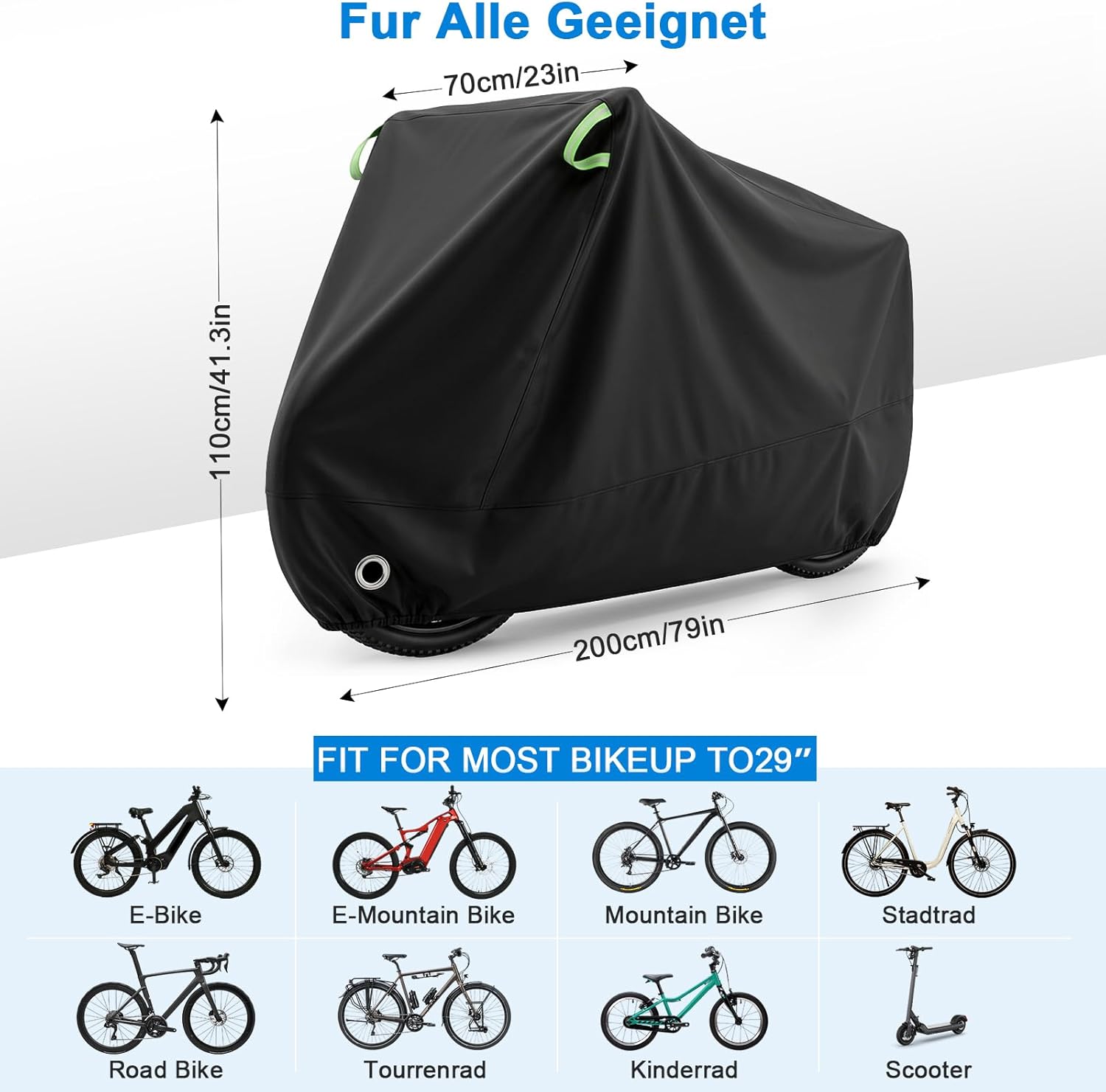 Detalle 2 de VAINDE 2er Set Fahrradabdeckung 200 x 110 x 70 cm – wasserdicht, 210D Oxford, mit Schlossloch