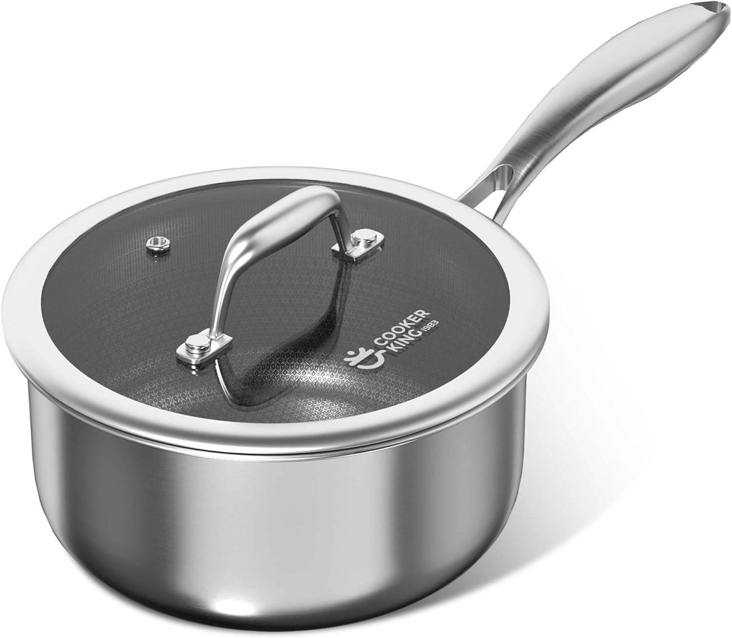 COOKER KING 2 Quart Stainless Steel Saucepan with Ceramic Nonstick and Tempered Glass Lid