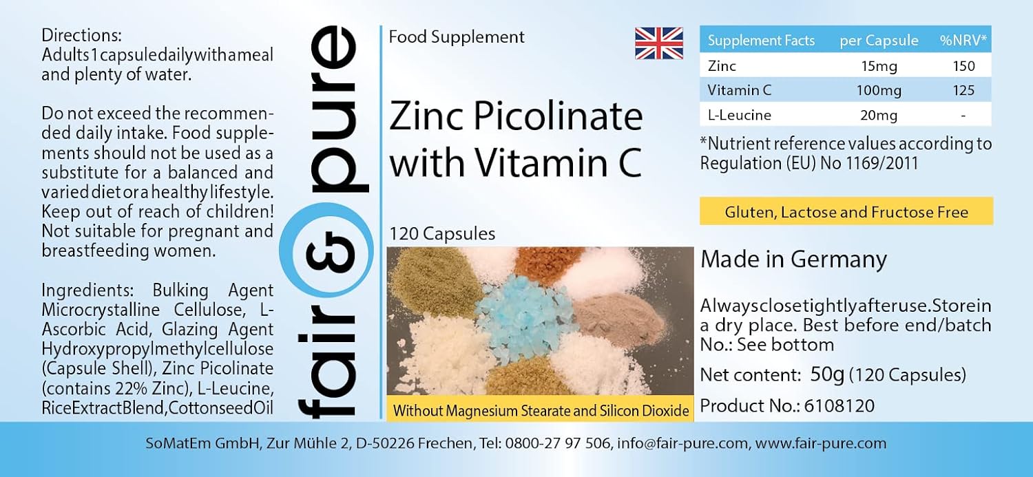 Detalle de Fair & Pure Zinkpicolinat 15 mg mit Vitamin C – 120 Kapseln, vegan & schluckfreundlich