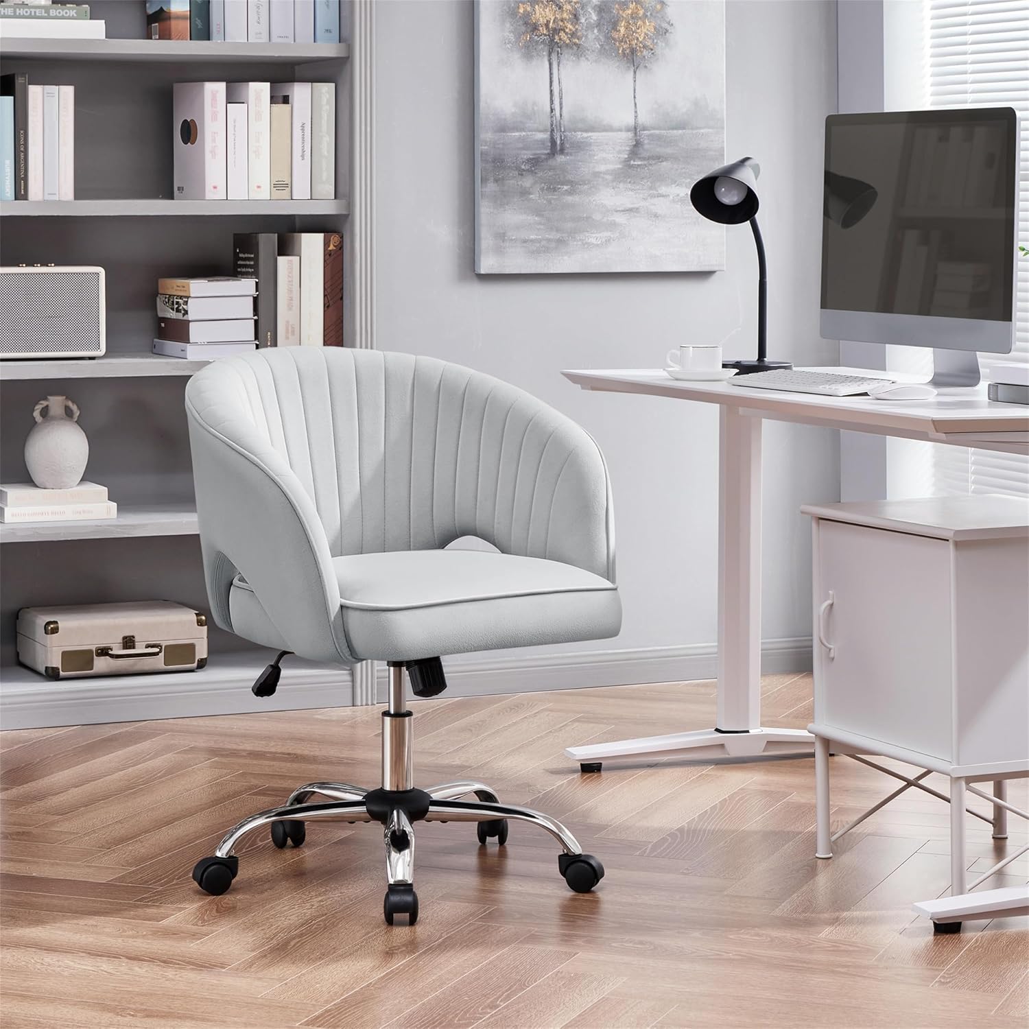 Detalle 2 de Yaheetech poltroncina ergonomica da ufficio in velluto, altezza regolabile e girevole a 360° (grigio chiaro)