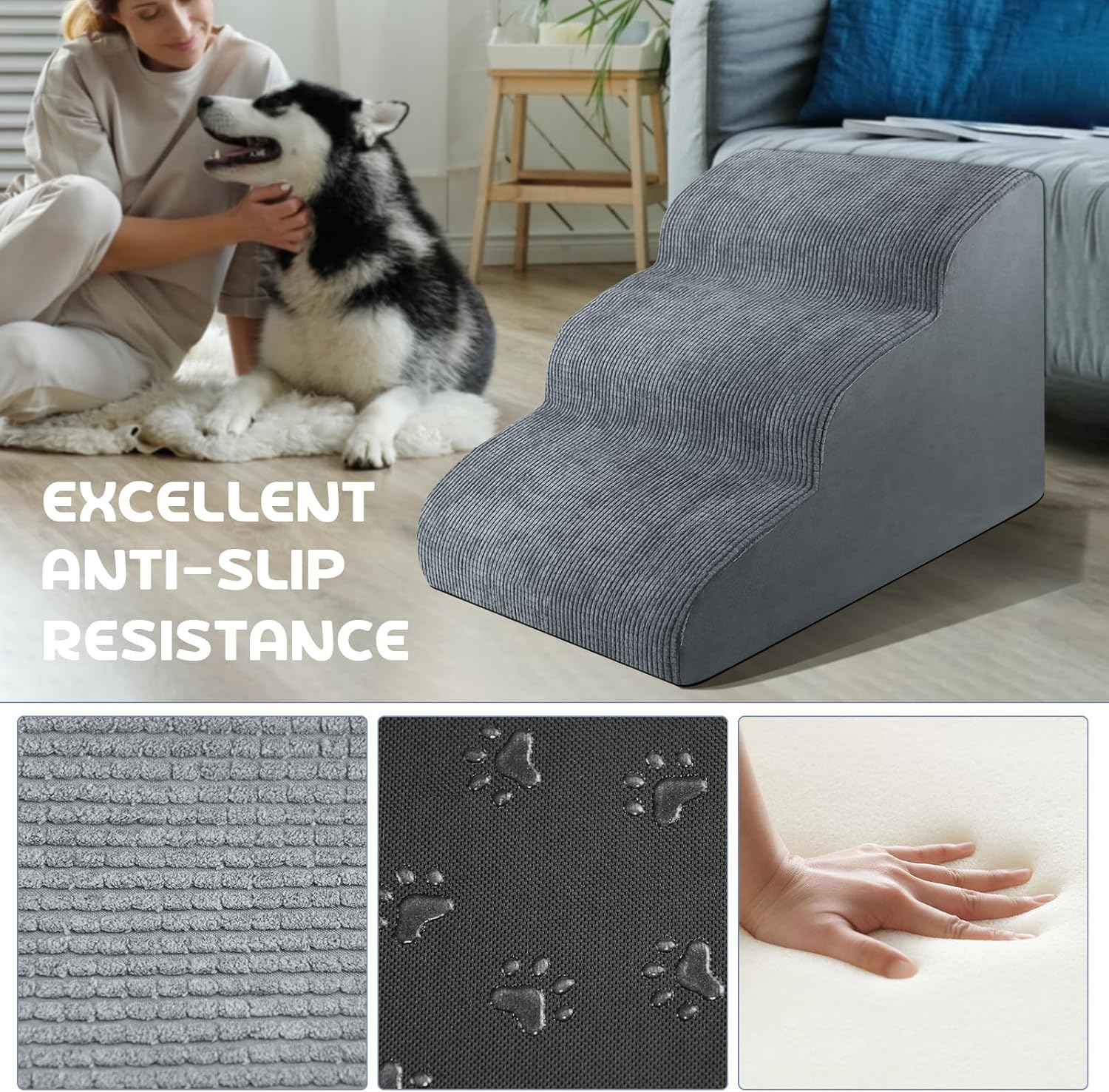 Thumbnail 6 de Dog Stairs 3-step grey foam ramp for small pets